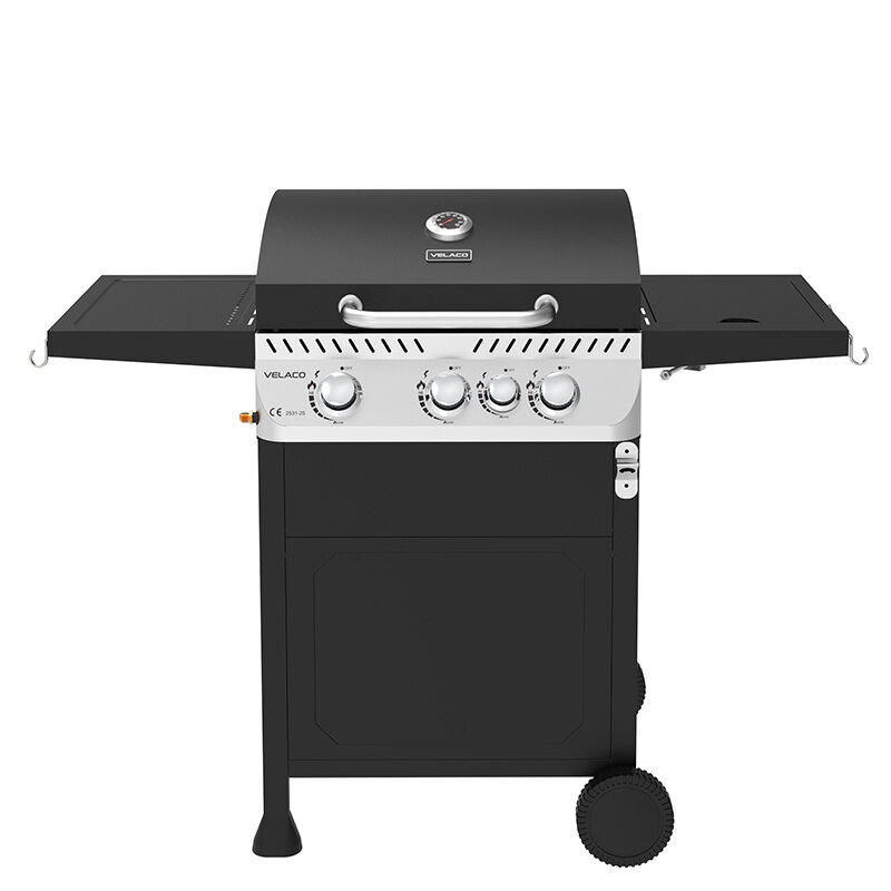 Czarny grill gazowy z czterema pokrętłami na panelu przednim i termometrem na pokrywie. Widoczne logo \'VELACO\' oraz boczne półki z haczykami.