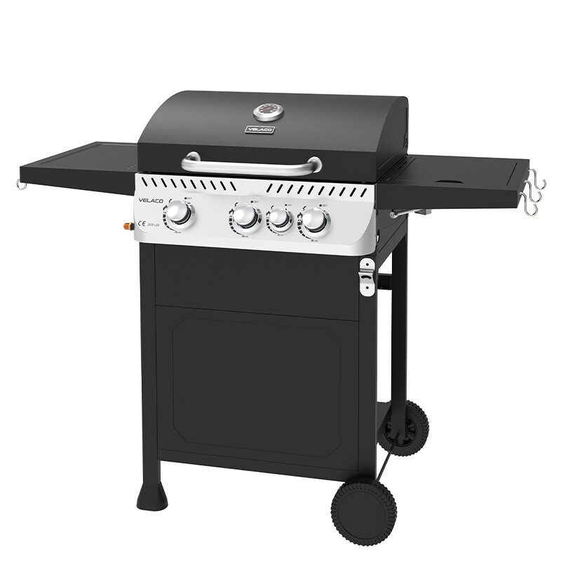 Czarny grill gazowy z trzema pokrętłami na panelu przednim i dwoma bocznymi półkami. Na pokrywie widoczne jest logo \'VELACO\' oraz wskaźnik temperatury.