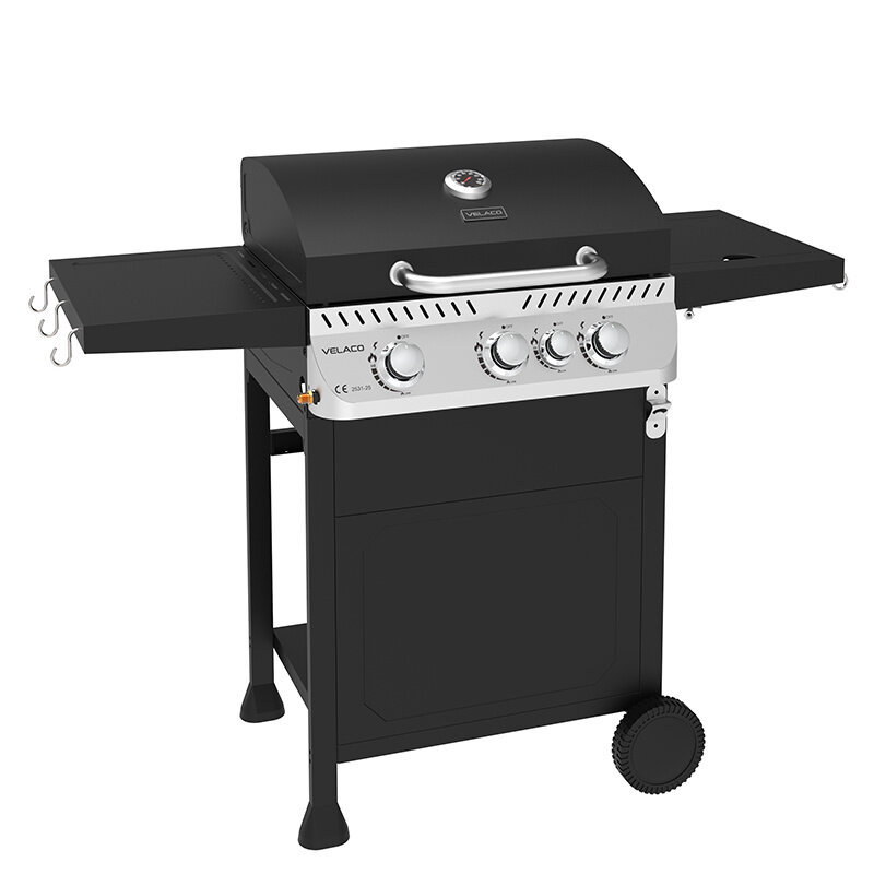 Czarny grill gazowy z trzema pokrętłami na panelu przednim i termometrem na pokrywie. Na panelu widoczne jest logo \'VELACO\'.