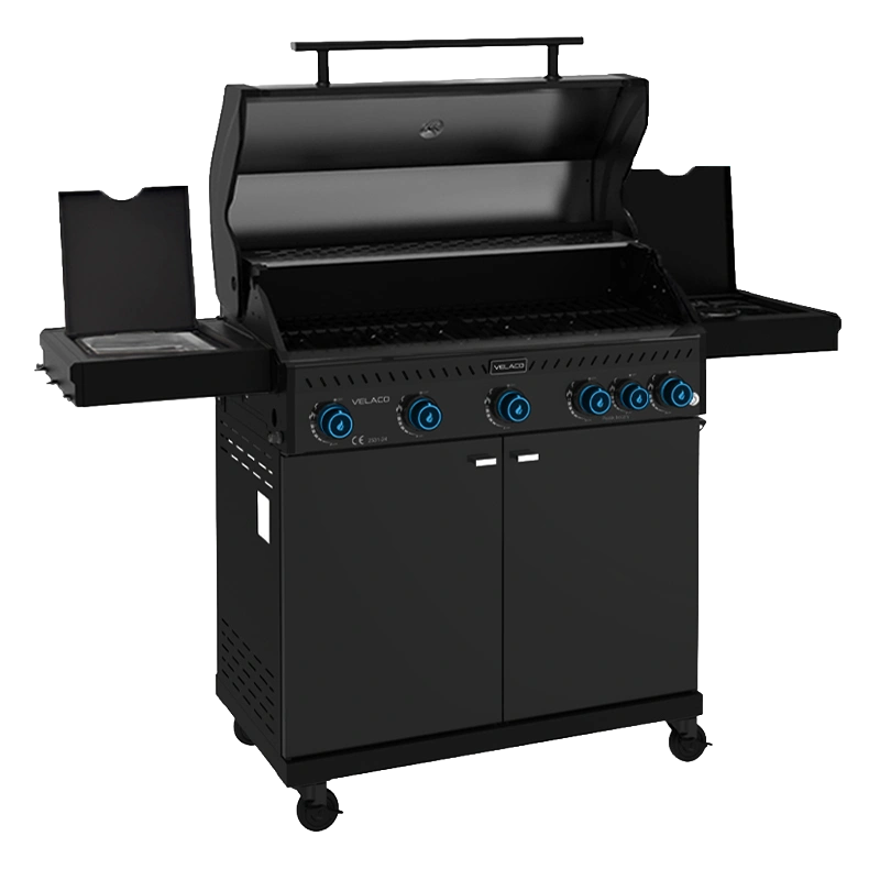 Czarny grill gazowy z pięcioma pokrętłami i otwartą pokrywą. Na froncie widoczne jest logo VELACO.