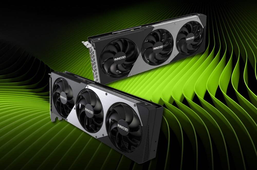 Karta graficzna INNO3D GeForce RTX 5070 X3 12GB Dwie karty graficzne z trzema wentylatorami każda, pokazane z różnych kątów, ustawione na tle zielonych falistych linii, architektura, pamięć, rdzenie CUDA, technologie
