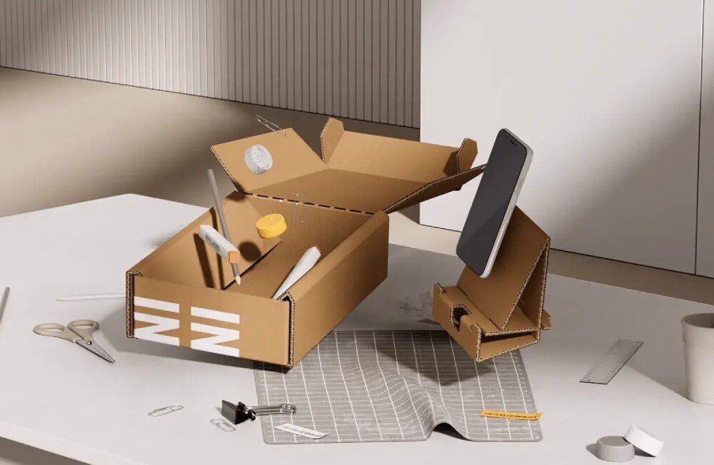 Monitor ASUS ProArt Display PA27JCV Kartonowe pudełko po rozłożeniu służy jako organizer na biurowe drobiazgi; wewnątrz znajdują się długopis, nożyczki, taśma klejąca i inne akcesoria. Obok stoi tekturowy stojak z umieszczonym w nim smartfonem, recykling, ekologia, środowisko