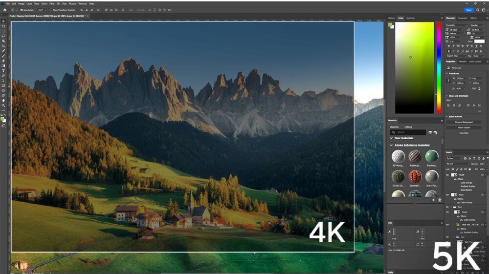 Monitor ASUS ProArt Display PA27JCV Zrzut ekranu z programu graficznego pokazujący różnicę w przestrzeni roboczej między rozdzielczością 4K a 5K na zdjęciu górskim; 4K zaznaczone jest białym prostokątem w centrum obrazu, rozdzielczość, jakość, HDR