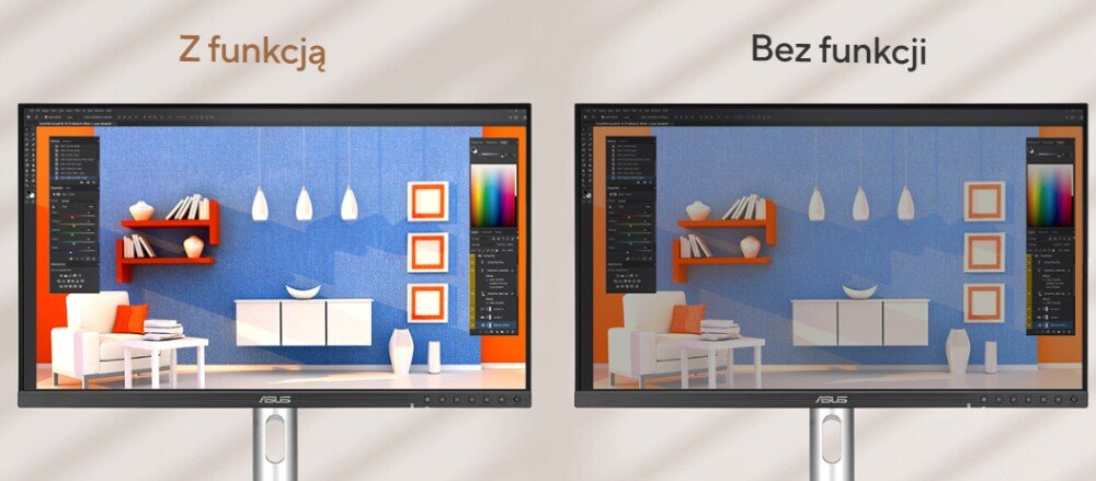 Monitor ASUS ProArt Display PA27JCV Dwa monitory ustawione obok siebie prezentują ten sam obraz sceny wnętrza w programie graficznym; po lewej stronie ekran wyraźniejszy, podpisany 'Z funkcją', po prawej stronie mniej wyraźny – 'Bez funkcji', czujnik oświetlenia, czujnik podświetlenia