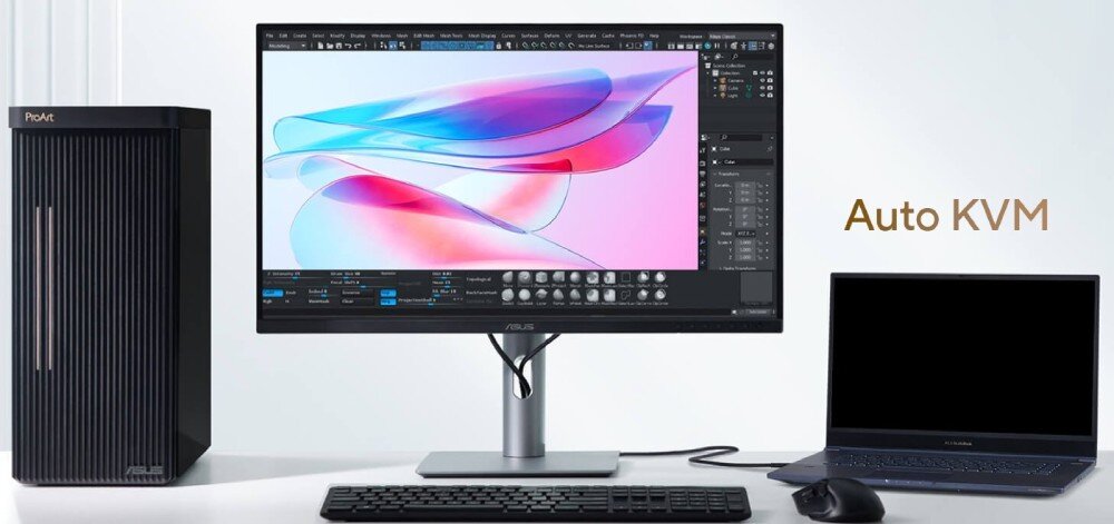 Monitor ASUS ProArt Display PA27JCV Monitor połączony z komputerem stacjonarnym i laptopem; na ekranie program graficzny, obok napis 'Auto KVM', klawiatura i myszka wspólne dla obu komputerów, funkcja Auto KVM, obsługa, przełączanie