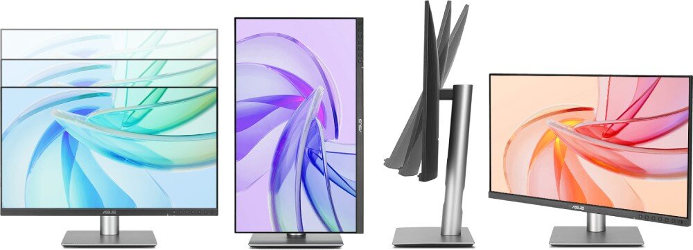 Monitor ASUS ProArt Display PA27JCV Cztery ustawienia monitora: dwa w orientacji poziomej, jedno w pionie i jedno w widoku z boku, pokazujące zakres ruchu i elastyczność regulacji ekranu, stojak, ergonomia, regulacja, mocowanie VESA