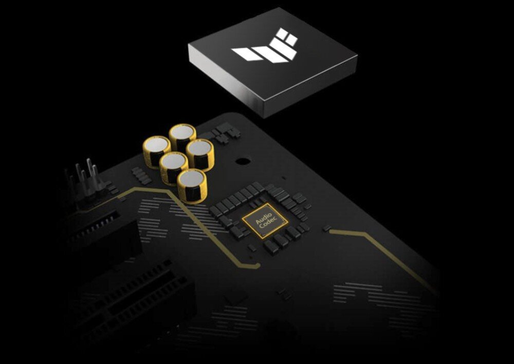 Płyta główna ASUS TUF Gaming B650-E WiFi zbliżenie na sekcję audio płyty z widocznym kodekiem dźwiękowym i czterema złotymi kondensatorami