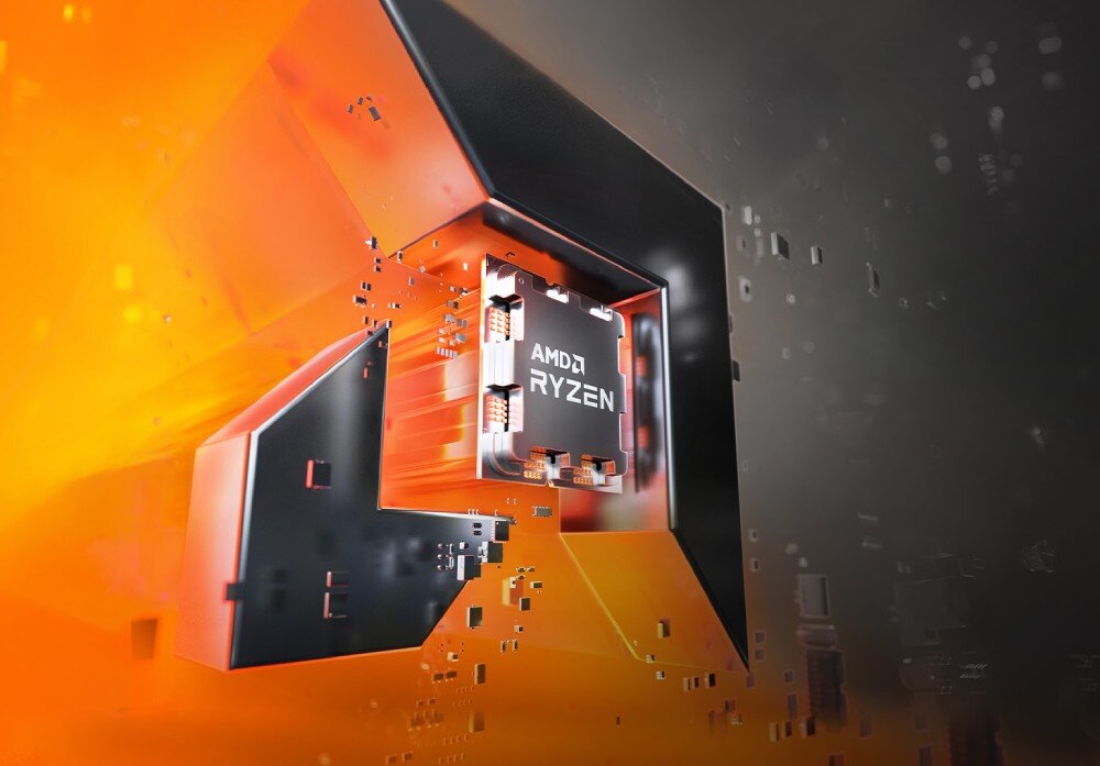 Płyta główna ASUS TUF Gaming B650-E WiFi zbliżenie na procesor z serii AMD Ryzen umieszczony w trójwymiarowym pomarańczowym logo z unoszącymi się fragmentami danych