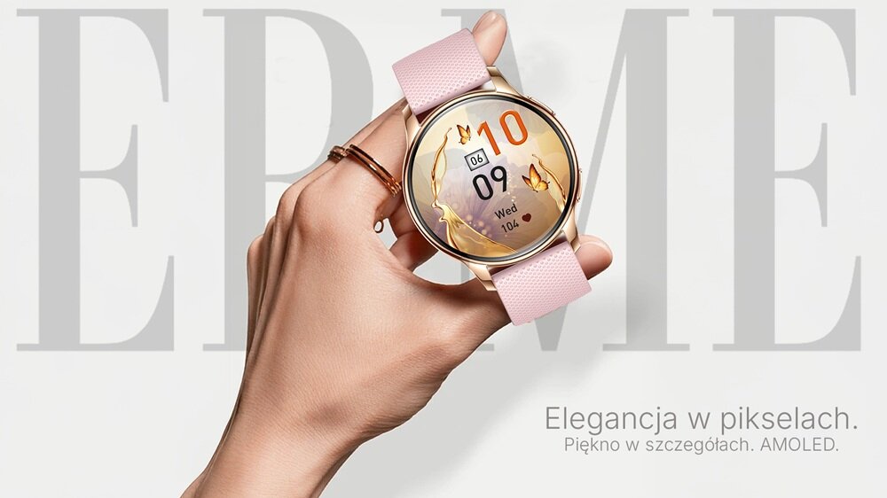 Smartwatch LUNA Erme Złoty ekran AMOLED, ostre i żywe detale, monitorowanie czasu, codzienna personalizacja wyglądu, różne motywy