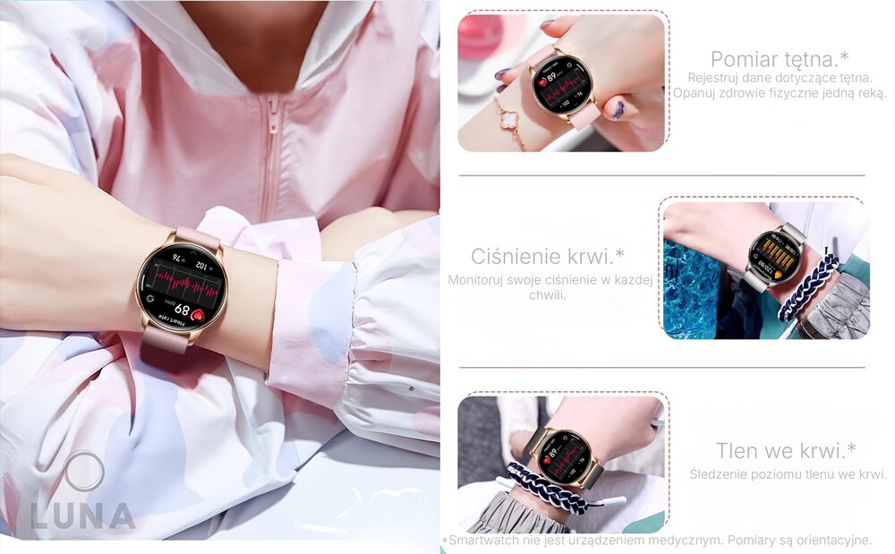 Smartwatch LUNA Erme Złoty elegancki wygląd, system monitorowania funkcji życiowych, system analizy snu, czujnik tętna, dbałość o samopoczucie