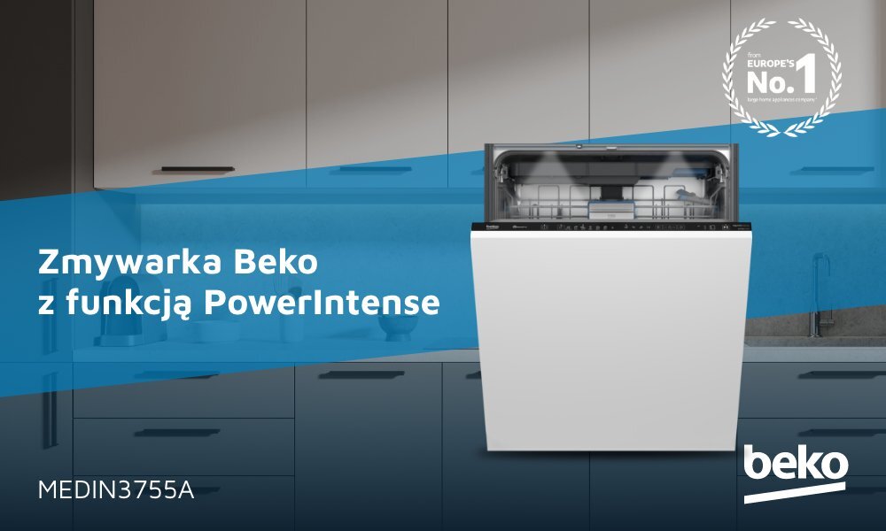 ZMYWARKA BEKO MEDIN3755A do zabudowy kolor biały otwarta top baner logo marka kuchnia w tle