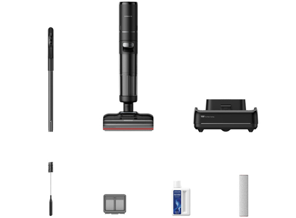 Na obrazie znajduje się czarny odkurzacz mopujący z różnymi akcesoriami, w tym szczotką, filtrem, butelką płynu i rolką. Widoczne jest logo \'DREAME\' na odkurzaczu.