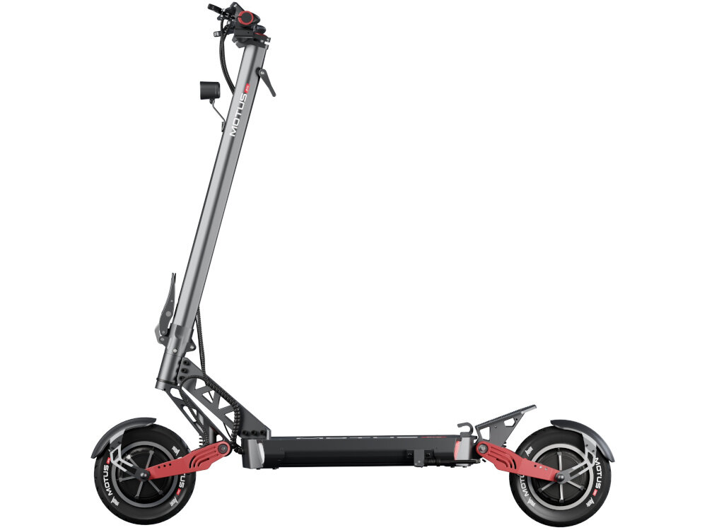 Hulajnoga elektryczna MOTUS Pro 10 Daytona 65km 2x1000W Amortyzacja 10 cali Czarny hulajnoga na białym tle widoczna z boku do jazdy po mieście dynamiczne i ekscytujące podróżowanie szereg udogodnień i praktycznych rozwiązań system KERS kierunkowskazy składana konstrukcja styl moc wygoda