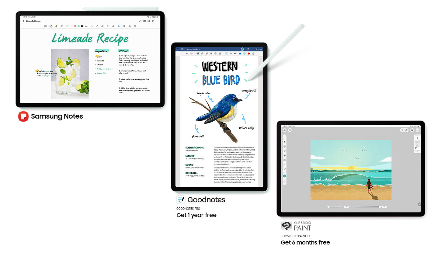 Trzy tablety Samsung Galaxy S9 FE ułożone przodem obok siebie. Na ekranie tabletu po lewej wyświetlona aplikacja do robienia notatek z zapisanym przepisem na limoniadę; pod urządzeniem ikona i nazwa aplikacji Samsung Notes. Na ekranie środkowego tabletu wyświetlona aplikacja do robienia notatek z rysunkiem ptaka, błękitnika meksykańskiego; pod urządzeniem ikona i nazwa aplikacji Goodnotes z dopiskiem o możliwości uzyskania darmowej rocznej subskrypcji. Na ekranie tabletu po prawej wyświetlona aplikacja do rysowania z grafiką przedstawiającą surfera na plaży na tle zachodzącego słońca; pod urządzeniem ikona i nazwa aplikacji Cup Studio Paint z dopiskiem o możliwości uzyskania darmowej sześciomiesięcznej subskrypcji.