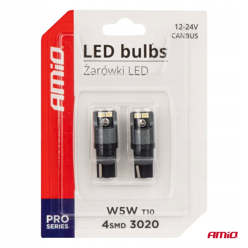 Opakowanie zawiera dwie żarówki LED marki AMiO, oznaczone jako W5W T10 4SMD 3020, przeznaczone do użytku w pojazdach z napięciem 12-24V. Na opakowaniu widnieje napis \'LED bulbs Żarówki LED\' oraz logo AMiO.