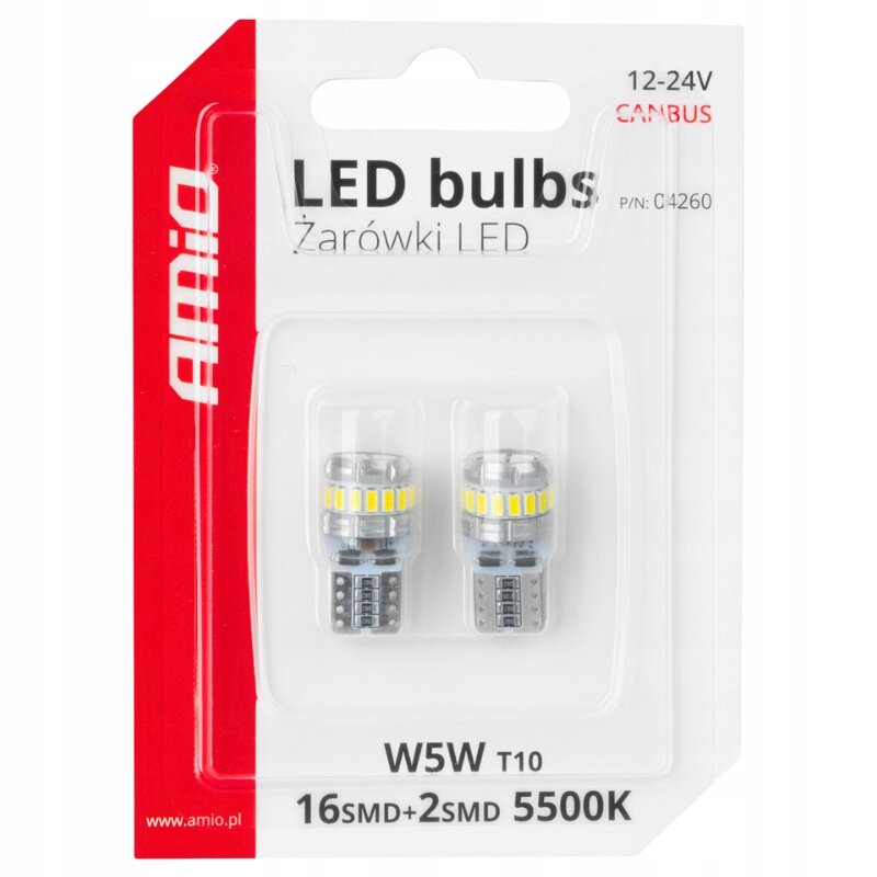 Opakowanie dwóch żarówek LED W5W T10 marki AMiO, oznaczone jako 16SMD+2SMD 5500K. Widoczny tekst: \'LED bulbs Żarówki LED\', \'12-24V CANBUS\', \'P/N: CI4260\'.