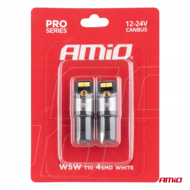 Opakowanie dwóch żarówek samochodowych AMiO W5W LED Canbus Pro T10 12V 24V z białym światłem, umieszczonych na czerwonym tle z napisem \'PRO SERIES\' i logo \'AMiO\'.