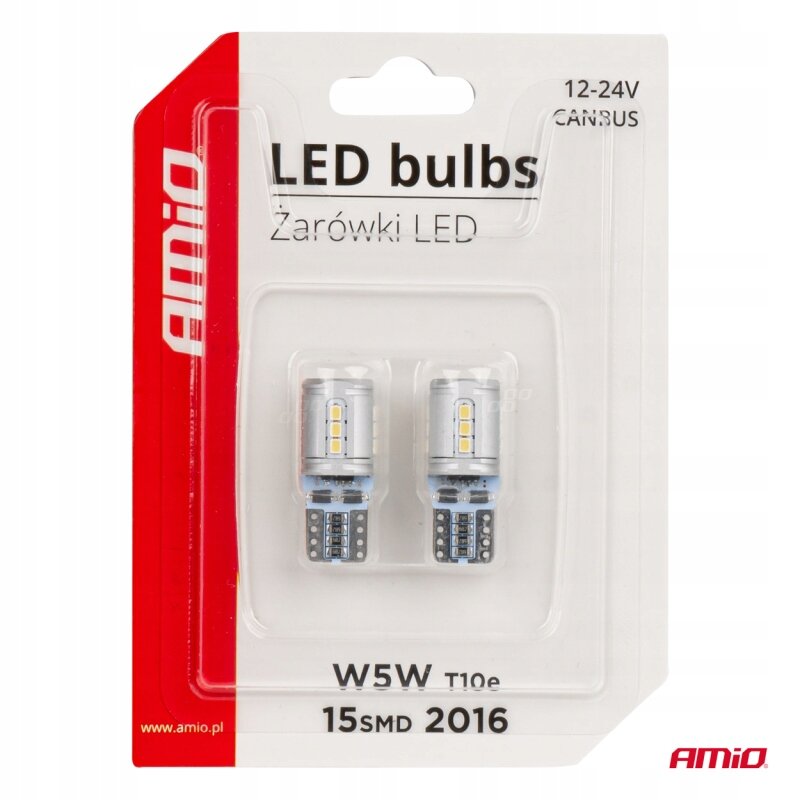 Opakowanie zawiera dwie żarówki LED W5W T10e, oznaczone jako 15SMD 2016, przeznaczone do użytku w zakresie napięć 12-24V. Na opakowaniu widoczne jest logo \'amio\' oraz napis \'LED bulbs Żarówki LED\'.