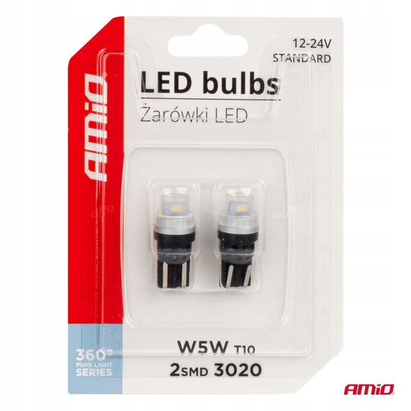 Opakowanie zawiera dwie żarówki LED w kolorze białym, oznaczone jako W5W T10 2SMD 3020. Na opakowaniu widnieje logo \'AMiO\' oraz napisy \'LED bulbs\', \'Żarówki LED\', \'12-24V STANDARD\', \'360° PURE LIGHT SERIES\'.