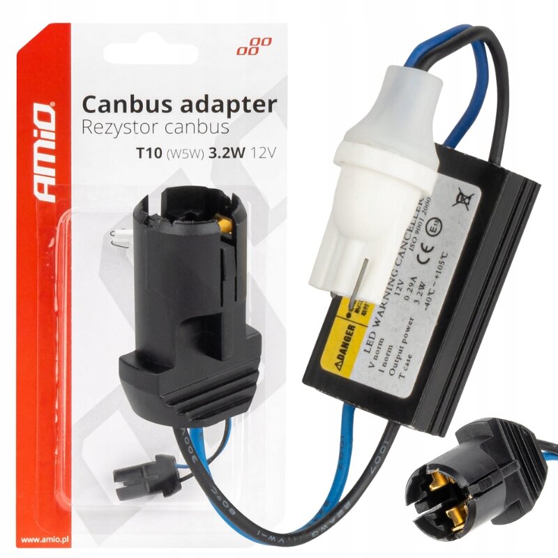 Opakowanie produktu z napisem \'AMiO Canbus adapter Rezystor canbus T10 (W5W) 3.2W 12V\' oraz widoczny adapter z przewodami i etykietą ostrzegawczą.