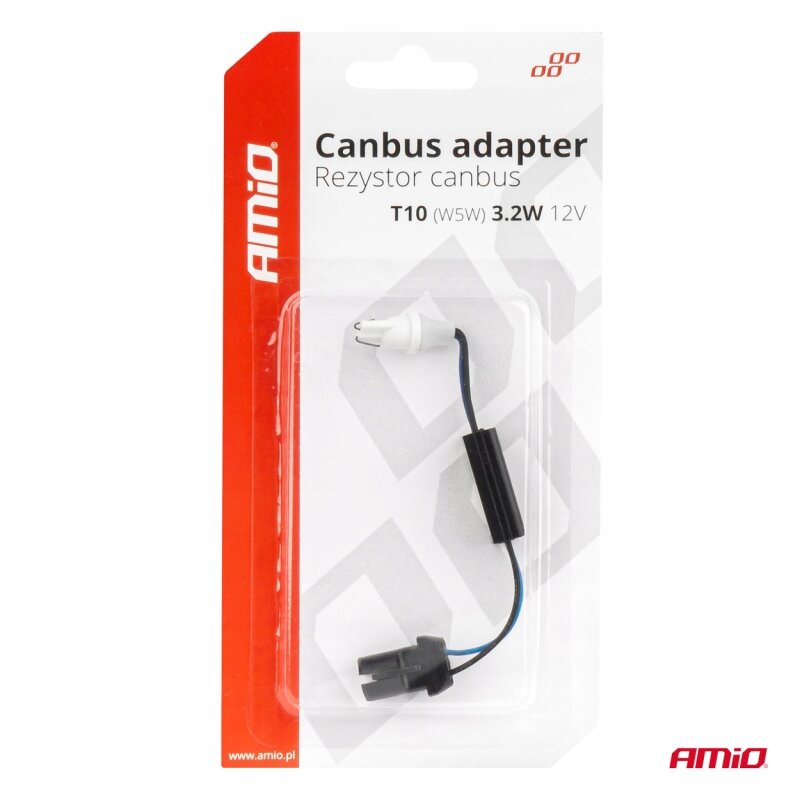 Opakowanie produktu z napisem \'Canbus adapter Rezystor canbus T10 (W5W) 3.2W 12V\' oraz logo \'AMiO\'. Wewnątrz znajduje się biały adapter z przewodami i złączem.