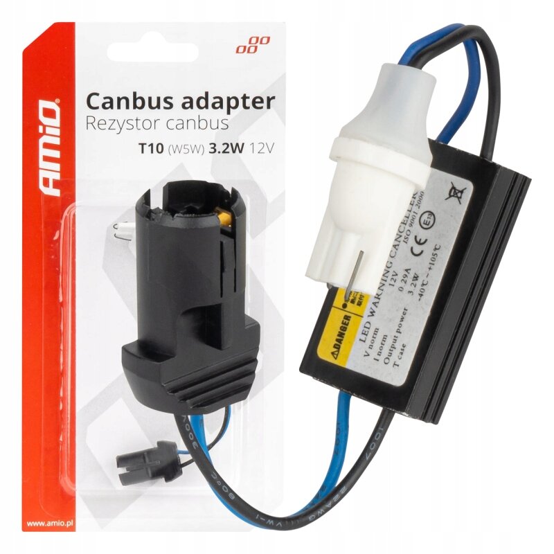 Opakowanie produktu z napisem \'Canbus adapter Rezystor canbus T10 (W5W) 3.2W 12V\' oraz widoczny rezystor z przewodami i etykietą ostrzegawczą. Logo \'AMiO\' znajduje się na opakowaniu.