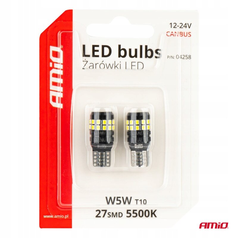 Opakowanie zawiera dwie żarówki LED W5W T10 27SMD 5500K. Na opakowaniu widnieje logo \'amio\' oraz napis \'LED bulbs Żarówki LED\'.