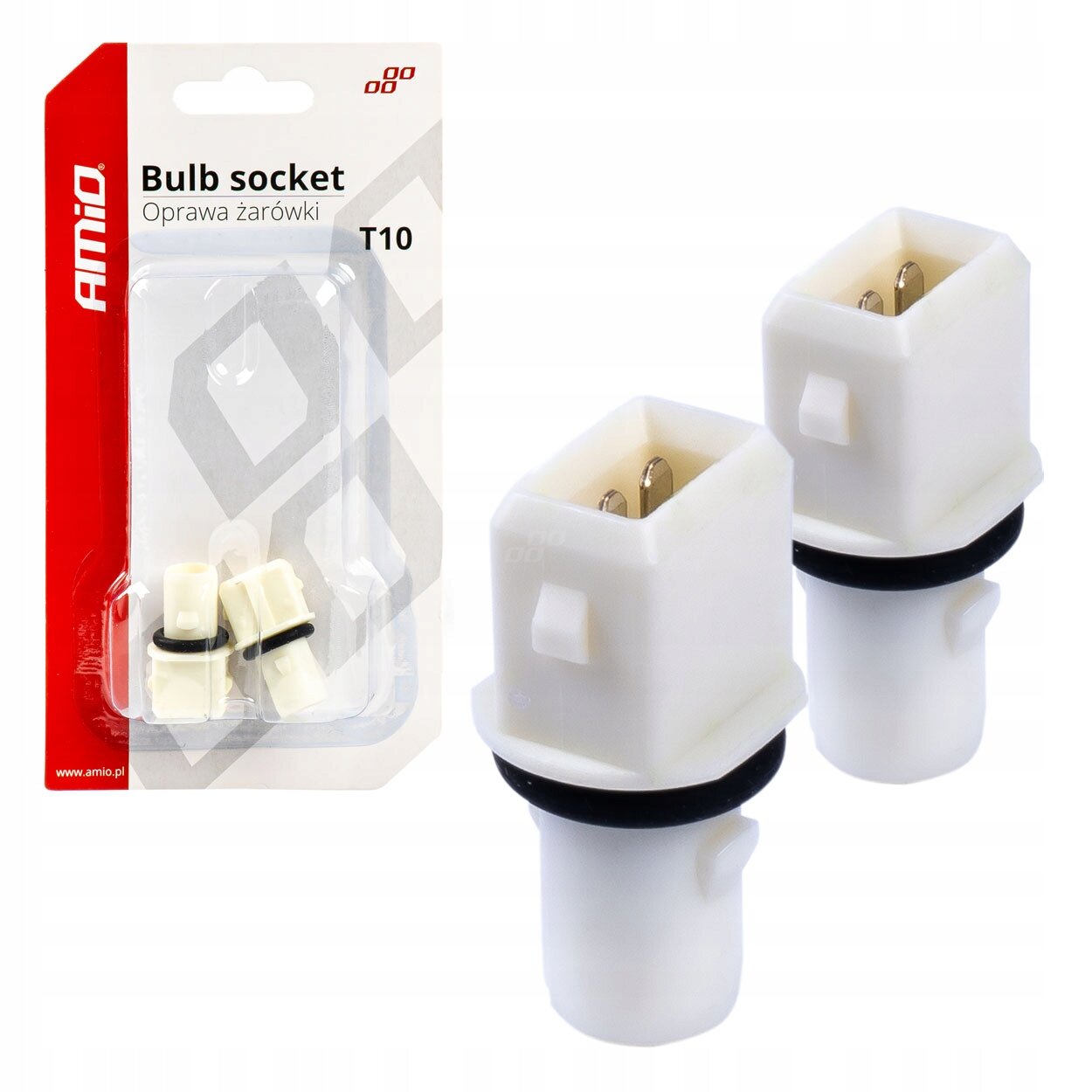 Na obrazie widoczne są dwa białe gniazda oprawki żarówki z czarnymi uszczelkami oraz opakowanie z napisem \'AMiO Bulb socket Oprawa żarówki T10\'.
