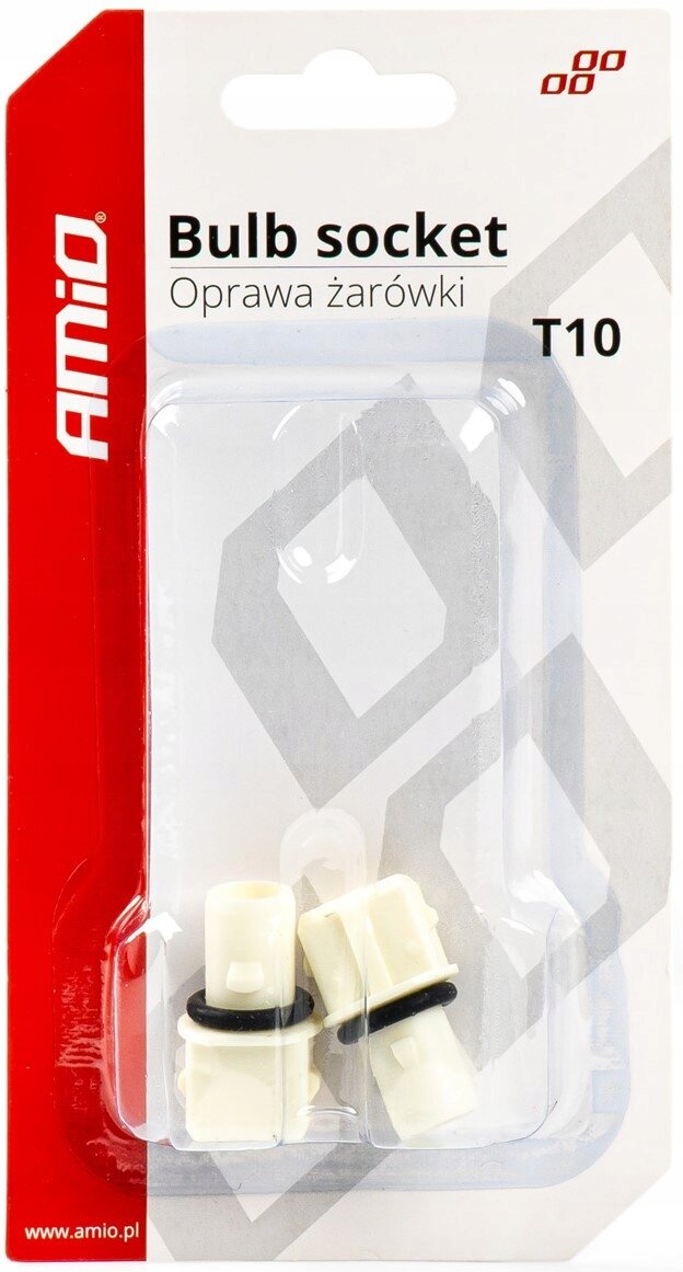 Opakowanie zawiera dwie białe oprawki żarówek z czarnymi uszczelkami, oznaczone jako T10. Na opakowaniu widnieje logo AMiO oraz napisy \'Bulb socket\' i \'Oprawa żarówki\'.