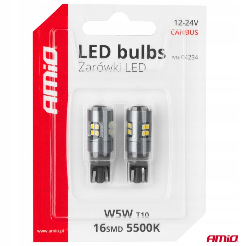 Opakowanie zawiera dwie żarówki LED W5W T10 o mocy 16SMD 5500K, przeznaczone do użytku w zakresie napięcia 12-24V. Na opakowaniu widnieje logo AMiO oraz napis \'LED bulbs Żarówki LED\'.