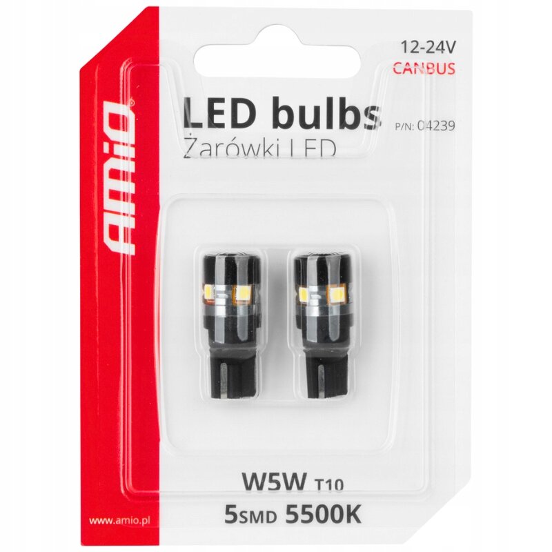 Opakowanie zawiera dwie żarówki LED W5W T10 5SMD 5500K. Na opakowaniu widnieje napis \'AMiO\', \'LED bulbs Żarówki LED\', \'12-24V CANBUS\', \'P/N: 04239\'.