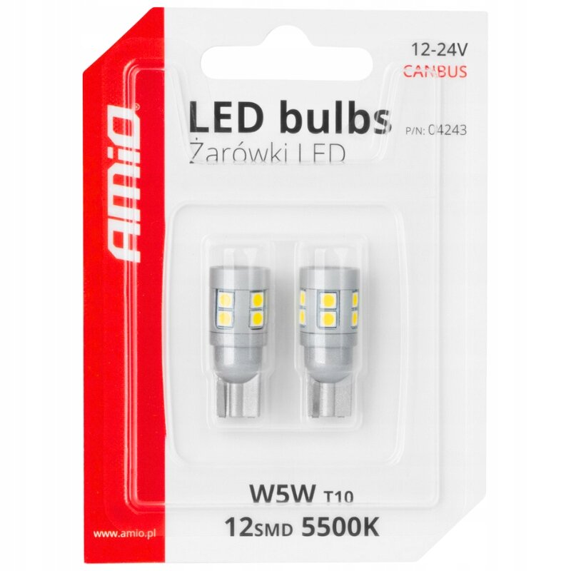 Opakowanie zawiera dwie żarówki LED marki AMiO, oznaczone jako W5W T10 12SMD 5500K. Na opakowaniu widnieje napis \'LED bulbs Żarówki LED\' oraz \'12-24V CANBUS\'.