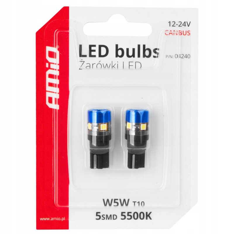 Opakowanie zawiera dwie żarówki LED W5W T10 5SMD 5500K, z widocznym logo \'amio\' po lewej stronie. Na opakowaniu znajduje się tekst: \'LED bulbs Żarówki LED 12-24V CANBUS P/N: 01240\'.