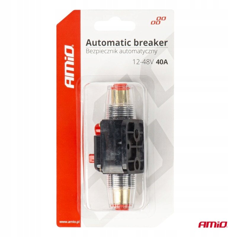 Opakowanie produktu z napisem \'Automatic breaker Bezpiecznik automatyczny 12-48V 40A\' oraz logo AMiO. Wewnątrz znajduje się czarny bezpiecznik z metalowymi i czerwonymi elementami.