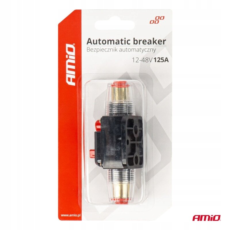 Opakowanie produktu z napisem \'Automatic breaker Bezpiecznik automatyczny 12-48V 125A\' oraz logo AMiO. Wewnątrz znajduje się czarny bezpiecznik z metalowymi elementami i czerwonymi akcentami.