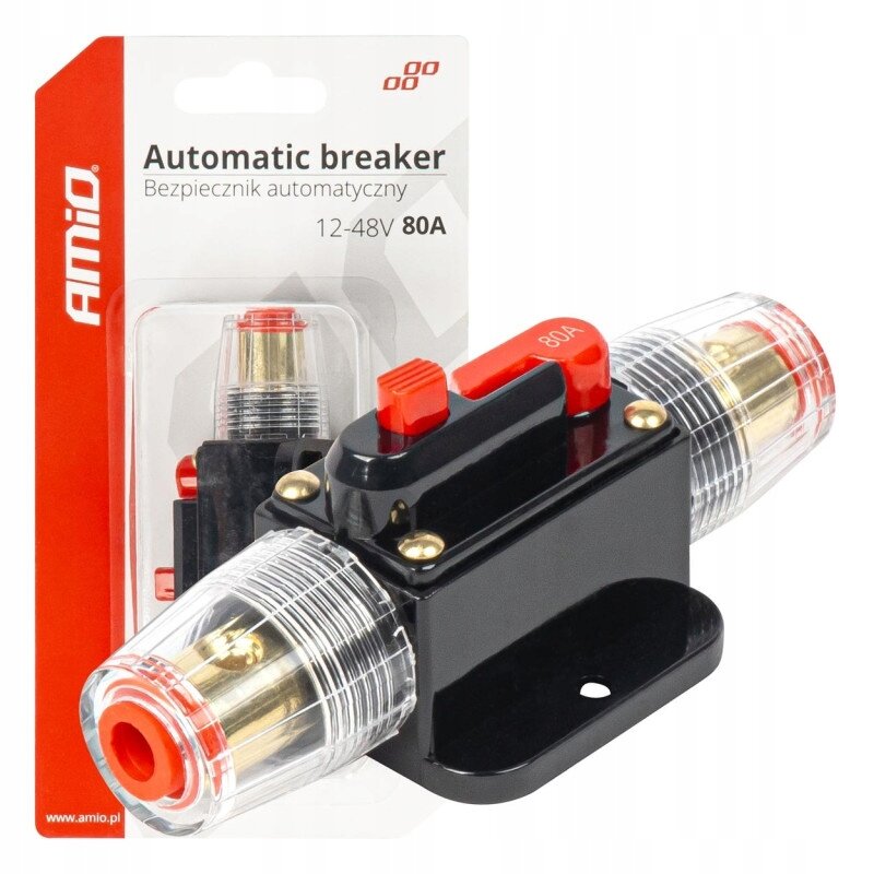 Na obrazie widoczny jest bezpiecznik automatyczny w opakowaniu z napisem \'Automatic breaker Bezpiecznik automatyczny 12-48V 100A\'. Produkt ma czarną obudowę z przezroczystymi elementami i czerwonym przyciskiem z oznaczeniem \'100A\'.