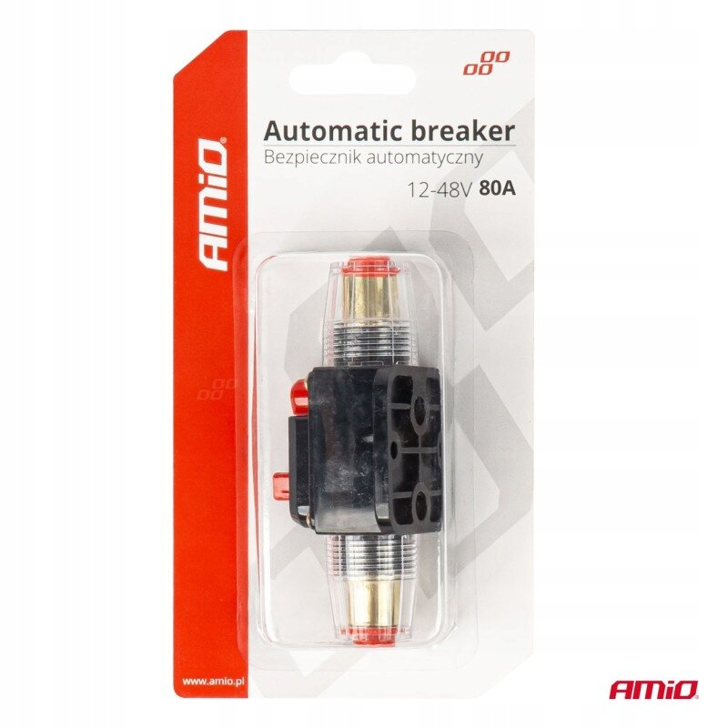 Opakowanie produktu z napisem \'Automatic breaker Bezpiecznik automatyczny 12-48V 20A\'. Widoczne logo \'AMiO\' oraz przezroczyste opakowanie z czarno-czerwonym bezpiecznikiem w środku.