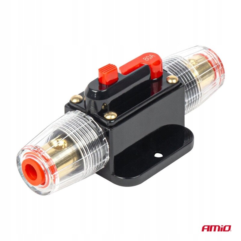 Na obrazie widoczny jest czarny bezpiecznik automatyczny z przezroczystymi końcówkami i czerwonym przyciskiem oznaczonym \'100A\'. W prawym dolnym rogu znajduje się logo \'AMiO\'.