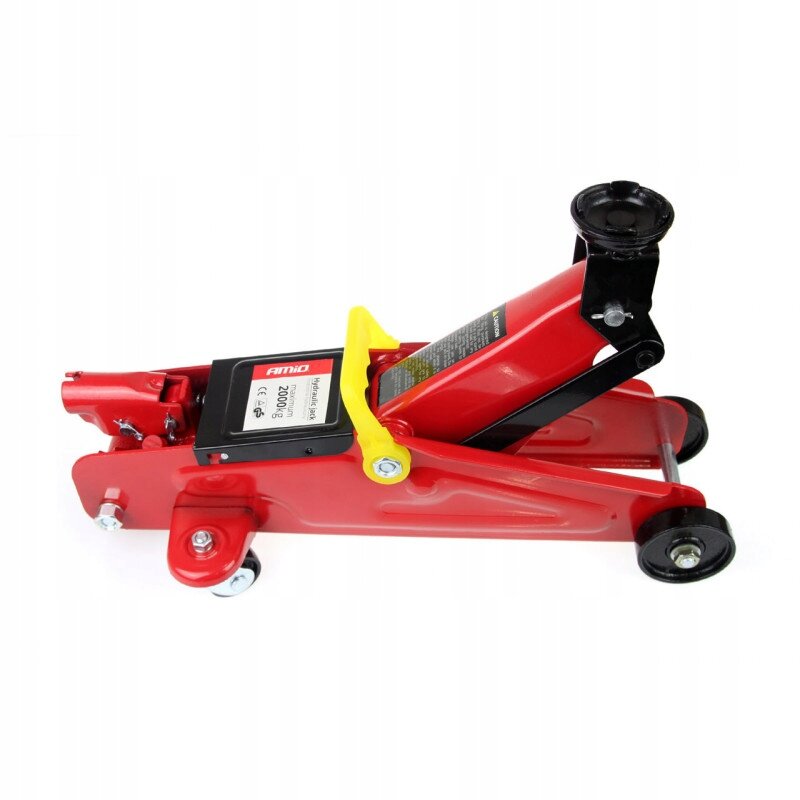 Czerwony podnośnik hydrauliczny z żółtym uchwytem i czarnymi elementami, oznaczony napisem \'AMiO Hydraulic Jack 2000Kg\'.
