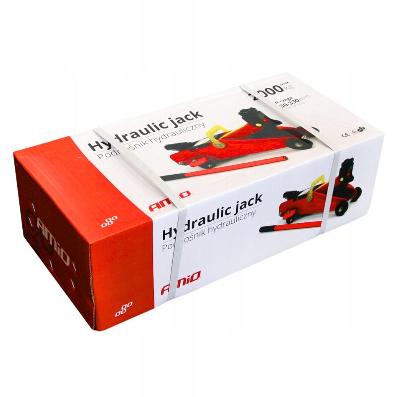 Opakowanie podnośnika hydraulicznego AMiO z widocznym zdjęciem produktu i napisami: \'Hydraulic jack Podnośnik hydrauliczny\'.