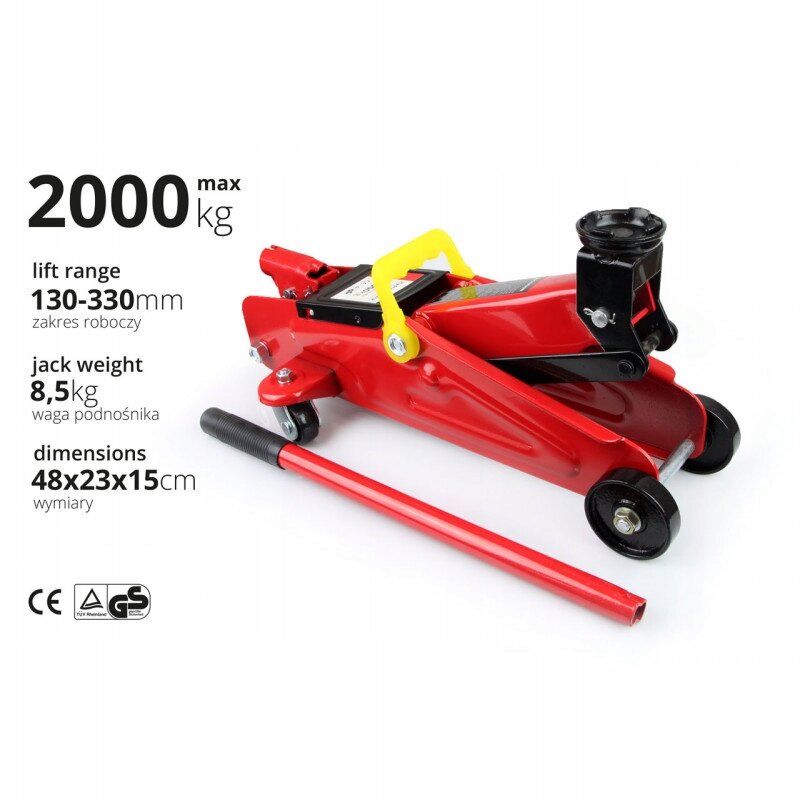 Na obrazie znajduje się czerwony podnośnik hydrauliczny z żółtym uchwytem i czarnymi elementami. Obok podane są informacje: \'2000 max kg\', \'lift range 130-330mm zakres roboczy\', \'jack weight 8,5kg waga podnośnika\', \'dimensions 48x23x15cm wymiary\'.
