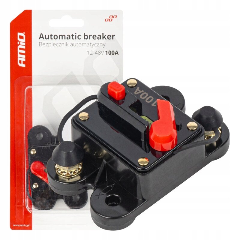 Na obrazie widoczny jest czarny automatyczny wyłącznik z czerwonym przyciskiem, oznaczony jako 300A. W tle znajduje się opakowanie z napisem \'AMiO Automatic breaker Bezpiecznik automatyczny 12-48V 300A\'.
