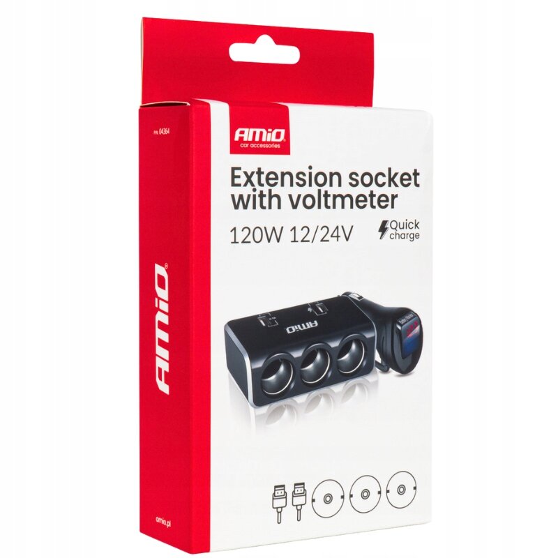 Opakowanie produktu z napisem \'AMiO car accessories Extension socket with voltmeter 120W 12/24V Quick charge\'. Widoczny jest obrazek rozdzielacza gniazda zapalniczki z trzema portami i wyświetlaczem.