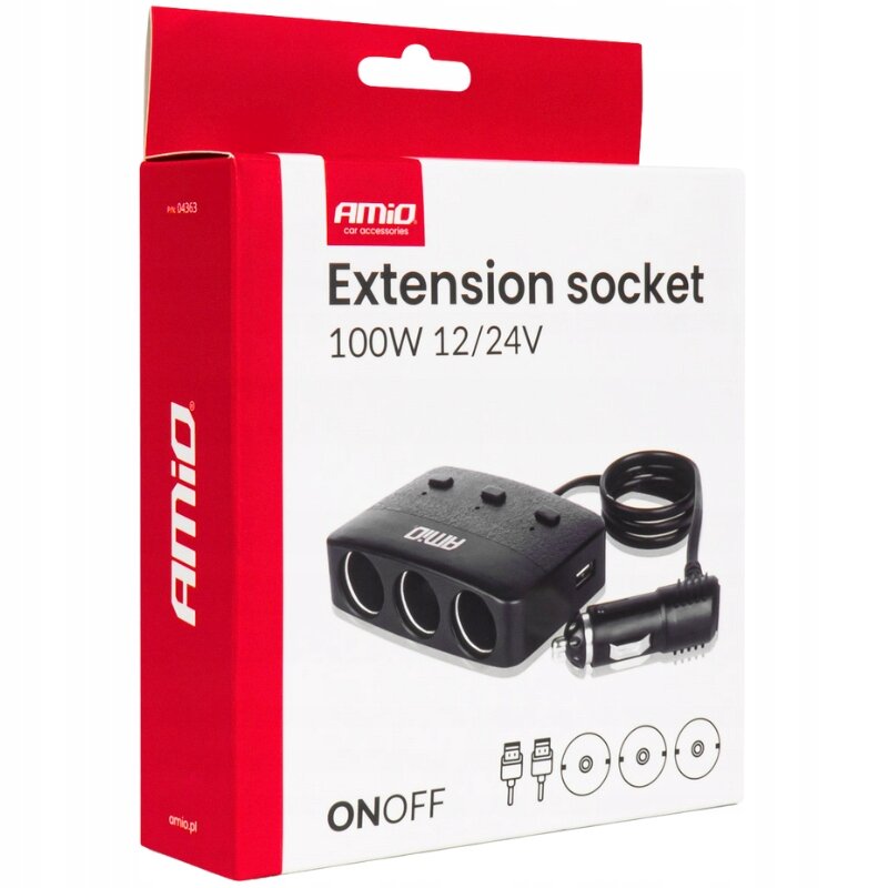 Opakowanie produktu AMiO z napisem \'Extension socket 100W 12/24V\'. Widoczny jest obrazek rozdzielacza gniazda zapalniczki z trzema portami i wtyczką, oraz tekst \'ON/OFF\'.
