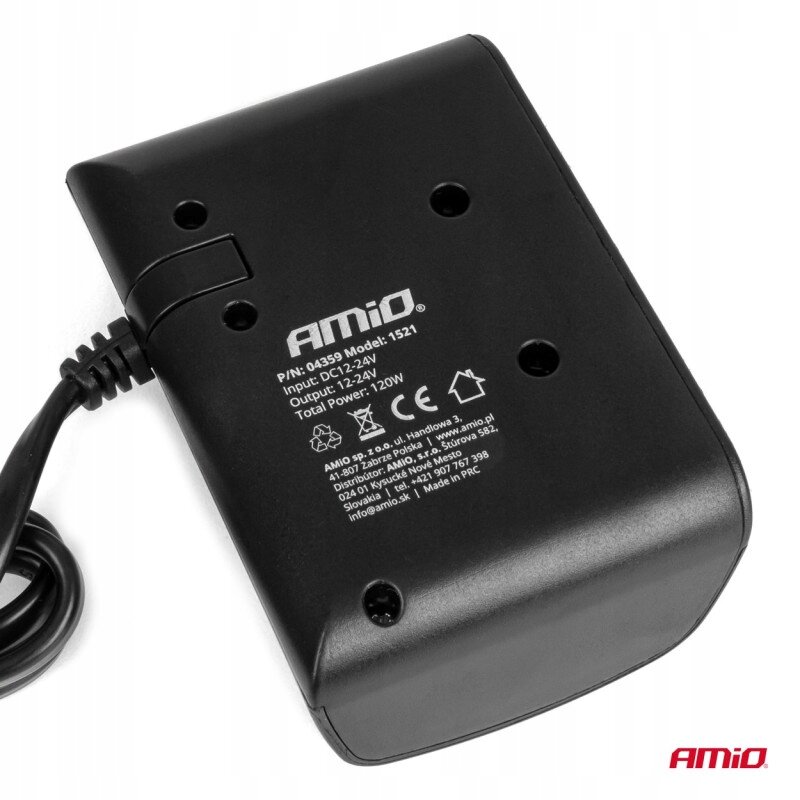 Czarny rozdzielacz gniazda zapalniczki z logo AMiO i specyfikacją techniczną: P/N: 04359 Model: 1521, Input: DC 12-24V, Output: 12-24V, Total Power: 120W. Na dole widoczne jest czerwone logo AMiO.