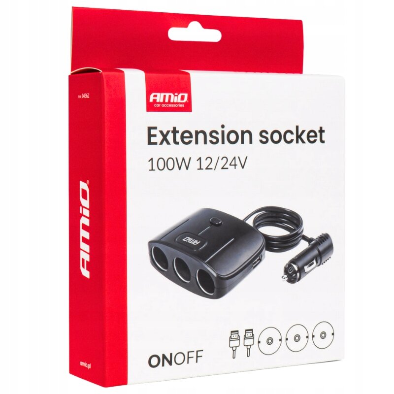 Opakowanie produktu z logo AMiO, przedstawiające rozdzielacz gniazda zapalniczki z trzema portami i wtyczką. Tekst na opakowaniu: \'Extension socket 100W 12/24V ON/OFF\'.