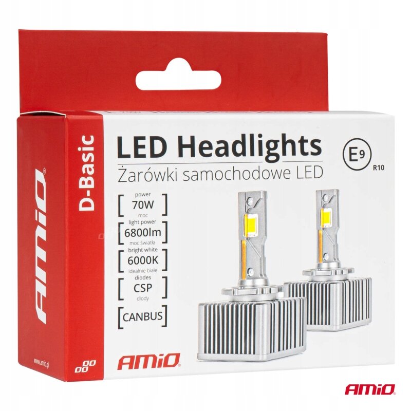 Opakowanie żarówek samochodowych LED z napisem \'LED Headlights Żarówki samochodowe LED\'. Widoczne są parametry: moc 70W, moc światła 6800lm, temperatura barwowa 6000K, diody CSP, CANBUS oraz logo \'AMiO\'.