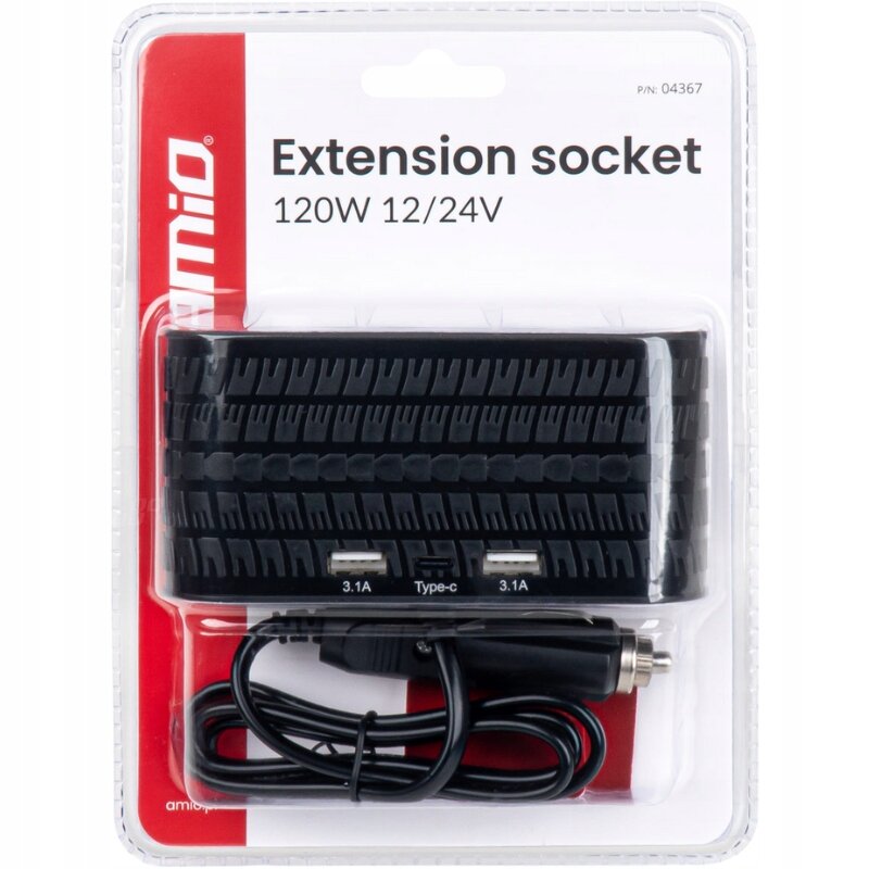 Opakowanie produktu z napisem \'Extension socket 120W 12/24V\' oraz logo \'amio\'. Wewnątrz znajduje się czarny rozdzielacz gniazda zapalniczki z trzema portami USB i kablem z wtyczką samochodową.
