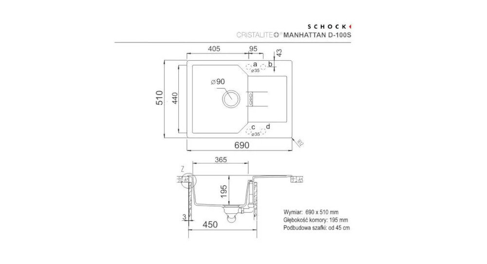 ZLEWOZMYWAK SCHOCK Manhattan D-100LS komora wymiary korek manualny model odwracalny