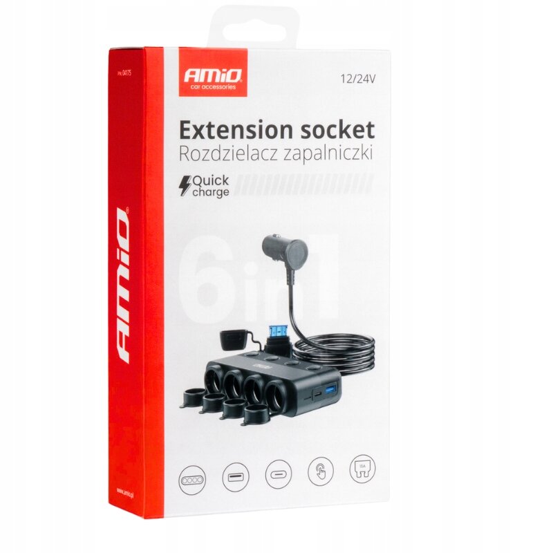 Opakowanie produktu z logo \'AMiO\' i napisem \'Extension socket Rozdzielacz zapalniczki\'. Widoczny jest obrazek rozgałęziacza z kilkoma gniazdami oraz tekst \'Quick charge\' i \'6 in 1\'.